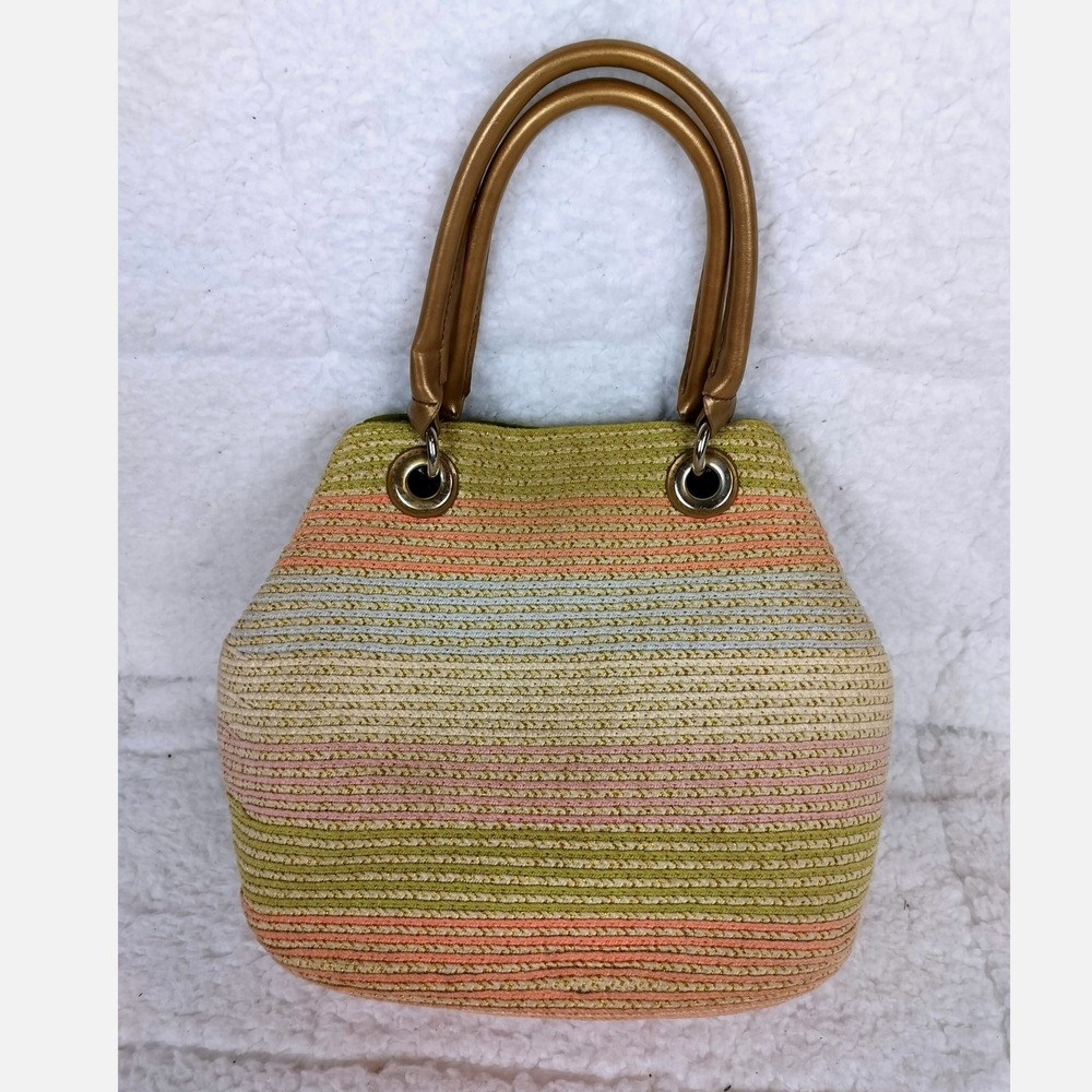 Vintage Y2K Woven Metallic Straw Stripe Tote Bag Gold Pastel Beach Summer